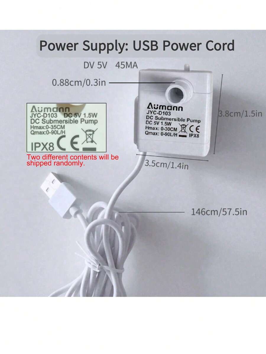 Multicolor mini USB water pump with dry run protection designed for pet drinking fountains and small aquariums.