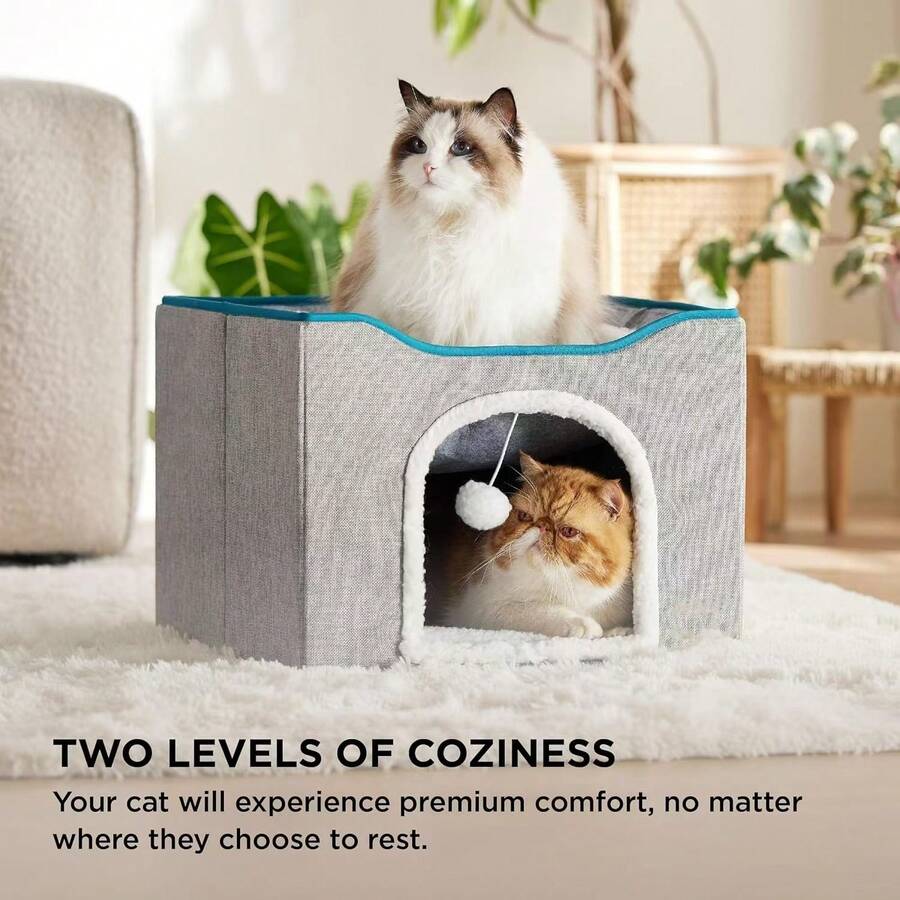 Grey foldable fabric cat cave bed featuring a scratch pad and hanging fluffy ball for indoor cats