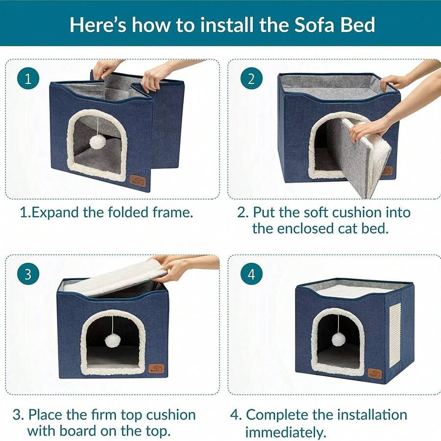 Grey foldable fabric cat cave bed featuring a scratch pad and hanging fluffy ball for indoor cats