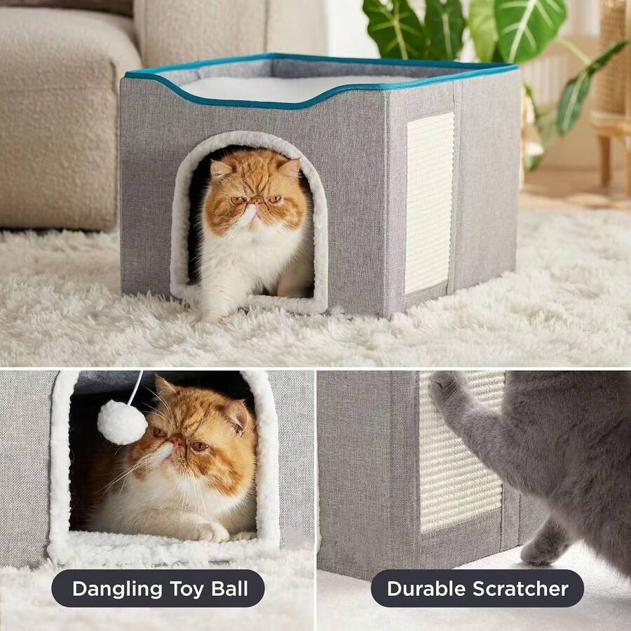 Grey foldable fabric cat cave bed featuring a scratch pad and hanging fluffy ball for indoor cats