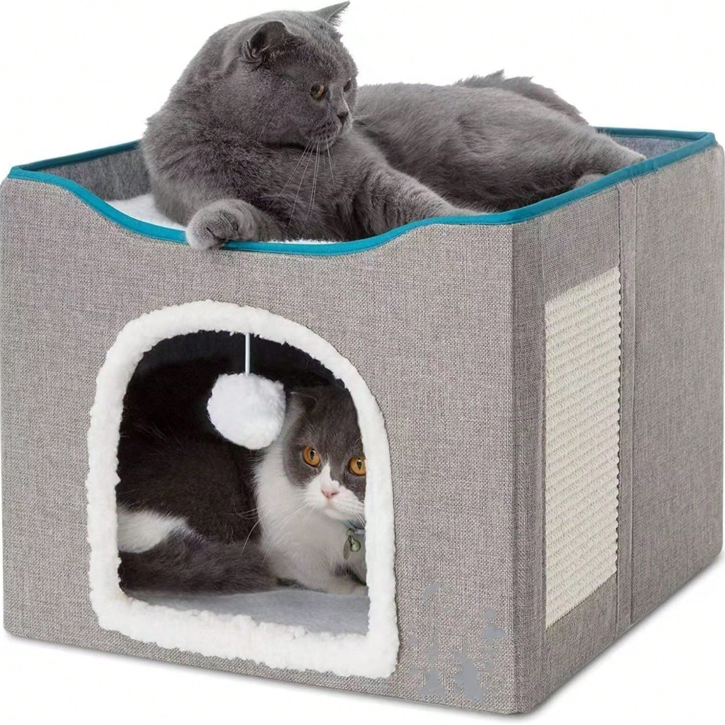 Grey foldable fabric cat cave bed featuring a scratch pad and hanging fluffy ball for indoor cats