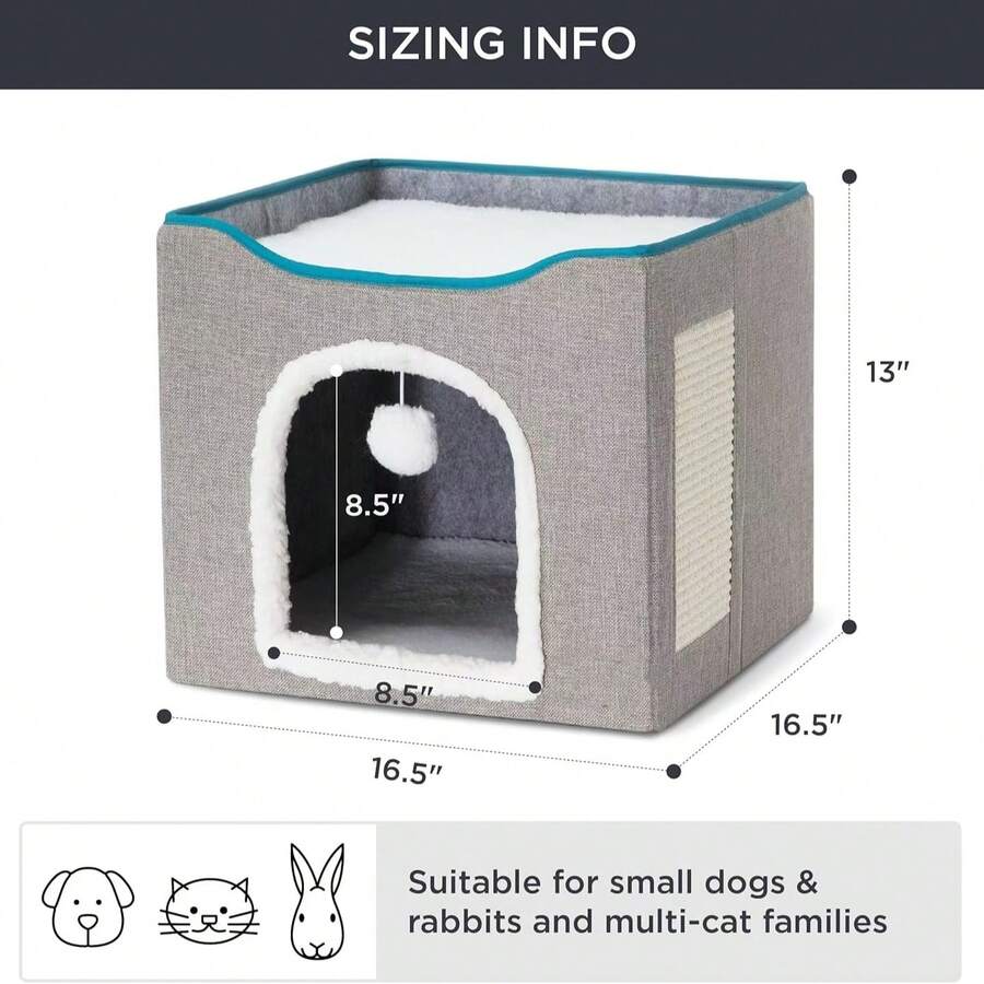 Grey foldable fabric cat cave bed featuring a scratch pad and hanging fluffy ball for indoor cats