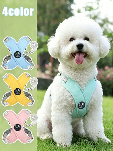 Multicolor cartoon polyester pet harness and leash set with adjustable breathable vest for cats and dogs, suitable for outdoor walking.
