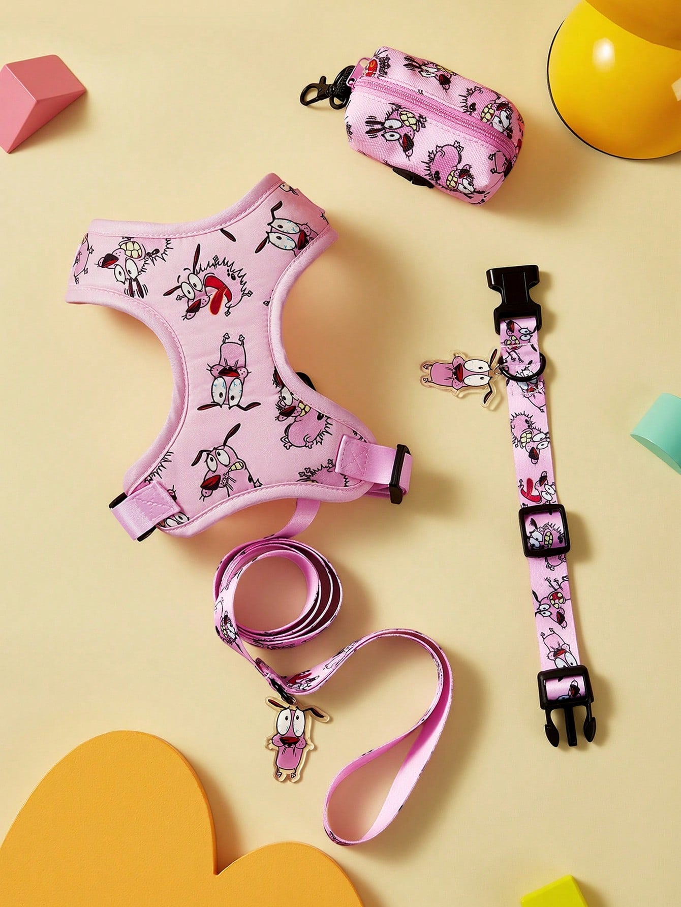 Multicolor cartoon pattern pet collar and leash set with adjustable polyester straps and portable storage bag for cats and dogs