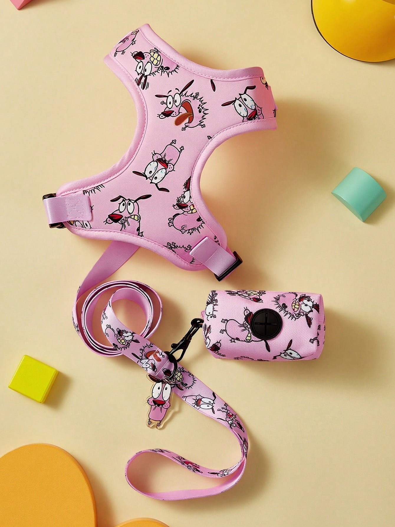 Multicolor cartoon pattern pet collar and leash set with adjustable polyester straps and portable storage bag for cats and dogs