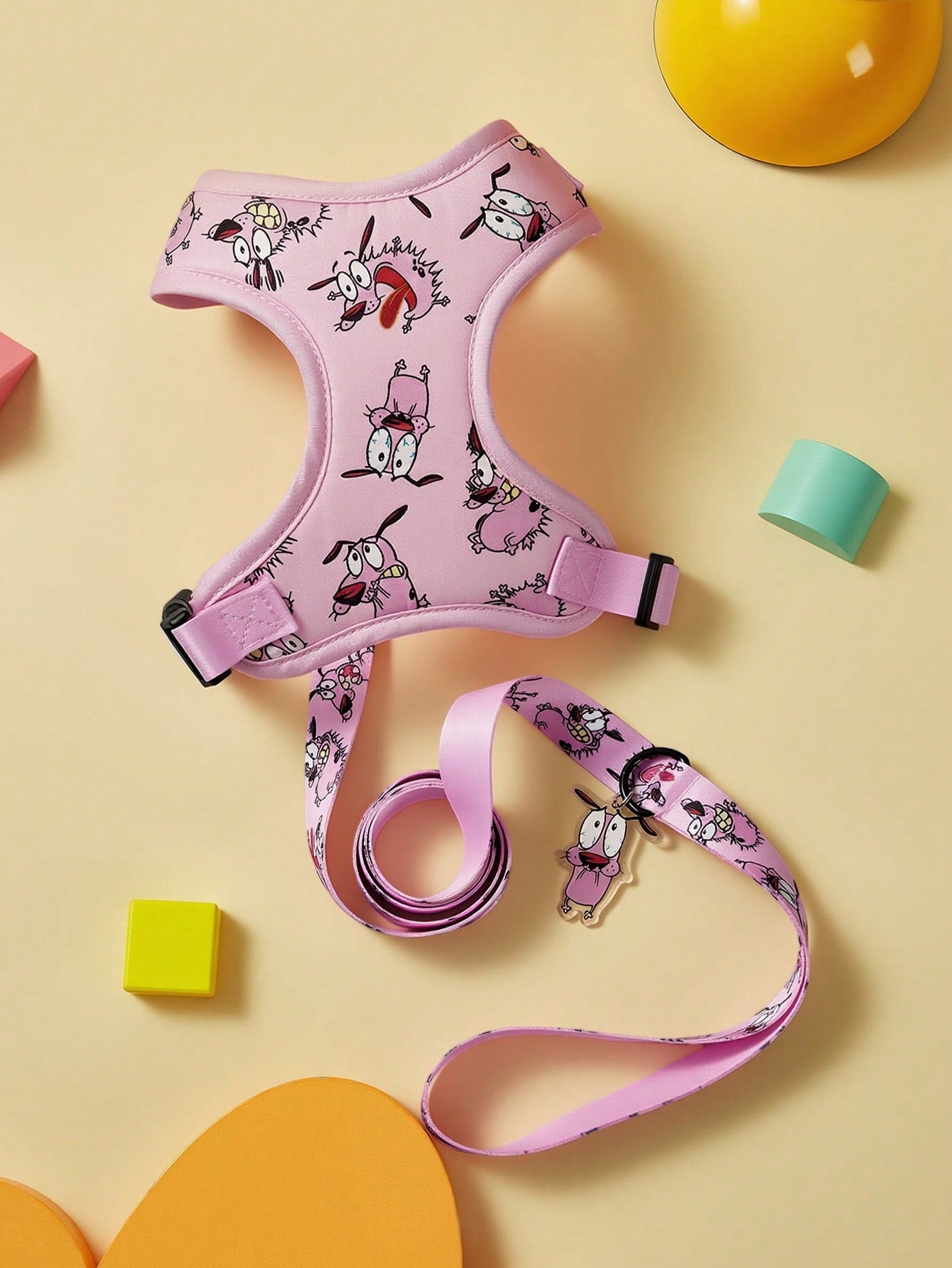 Multicolor cartoon pattern pet collar and leash set with adjustable polyester straps and portable storage bag for cats and dogs