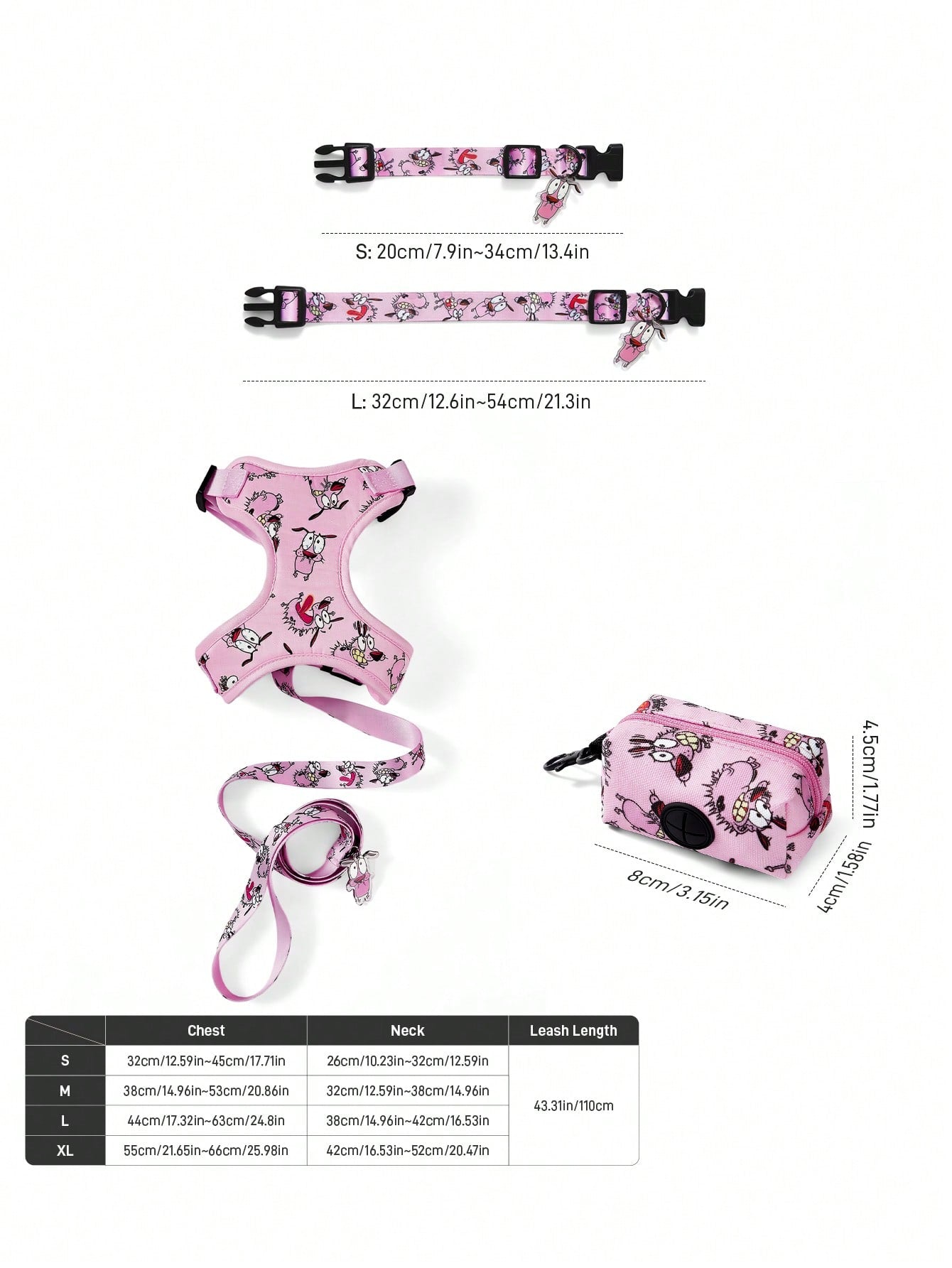 Multicolor cartoon pattern pet collar and leash set with adjustable polyester straps and portable storage bag for cats and dogs