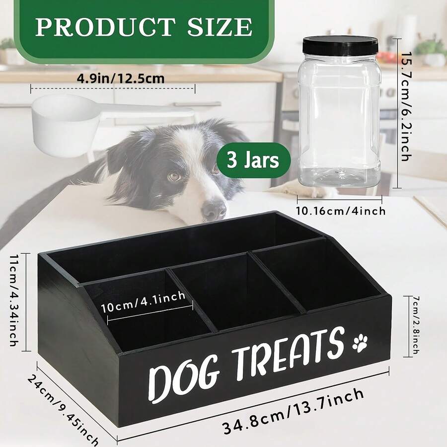 Farmhouse wooden pet food storage container rack holding three clear plastic treat jars with spiral lids and three lower storage compartments, shown with a scoop for dog and cat treat organization.