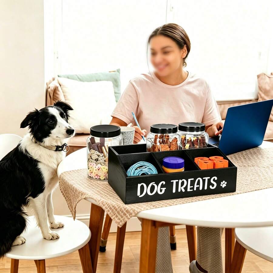 Farmhouse wooden pet food storage container rack holding three clear plastic treat jars with spiral lids and three lower storage compartments, shown with a scoop for dog and cat treat organization.