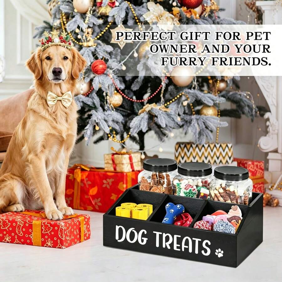 Farmhouse wooden pet food storage container rack holding three clear plastic treat jars with spiral lids and three lower storage compartments, shown with a scoop for dog and cat treat organization.