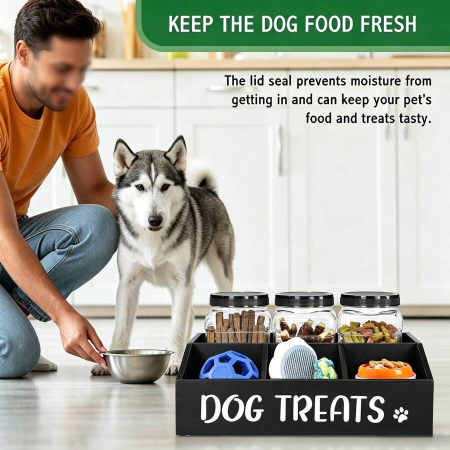 Farmhouse wooden pet food storage container rack holding three clear plastic treat jars with spiral lids and three lower storage compartments, shown with a scoop for dog and cat treat organization.