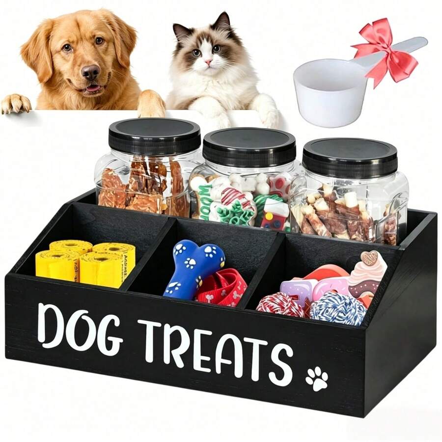 Farmhouse wooden pet food storage container rack holding three clear plastic treat jars with spiral lids and three lower storage compartments, shown with a scoop for dog and cat treat organization.