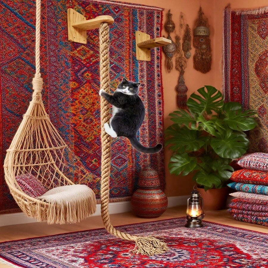 Multicolor wall-mounted solid wood and sisal rope cat climbing scratcher post.