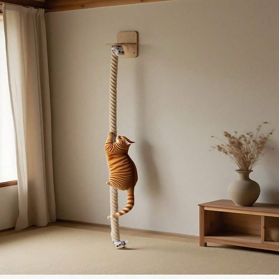 Multicolor wall-mounted solid wood and sisal rope cat climbing scratcher post.