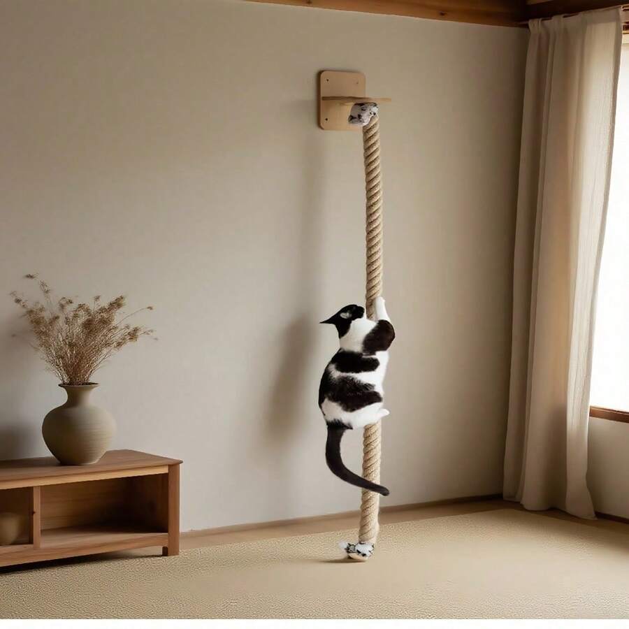 Multicolor wall-mounted solid wood and sisal rope cat climbing scratcher post.