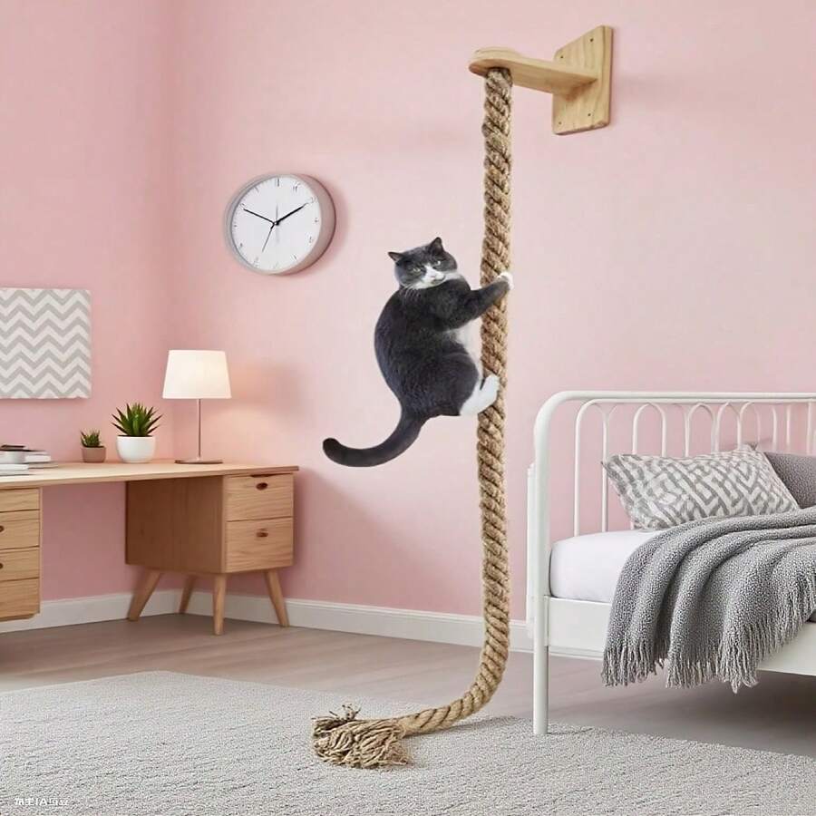 Multicolor wall-mounted solid wood and sisal rope cat climbing scratcher post.