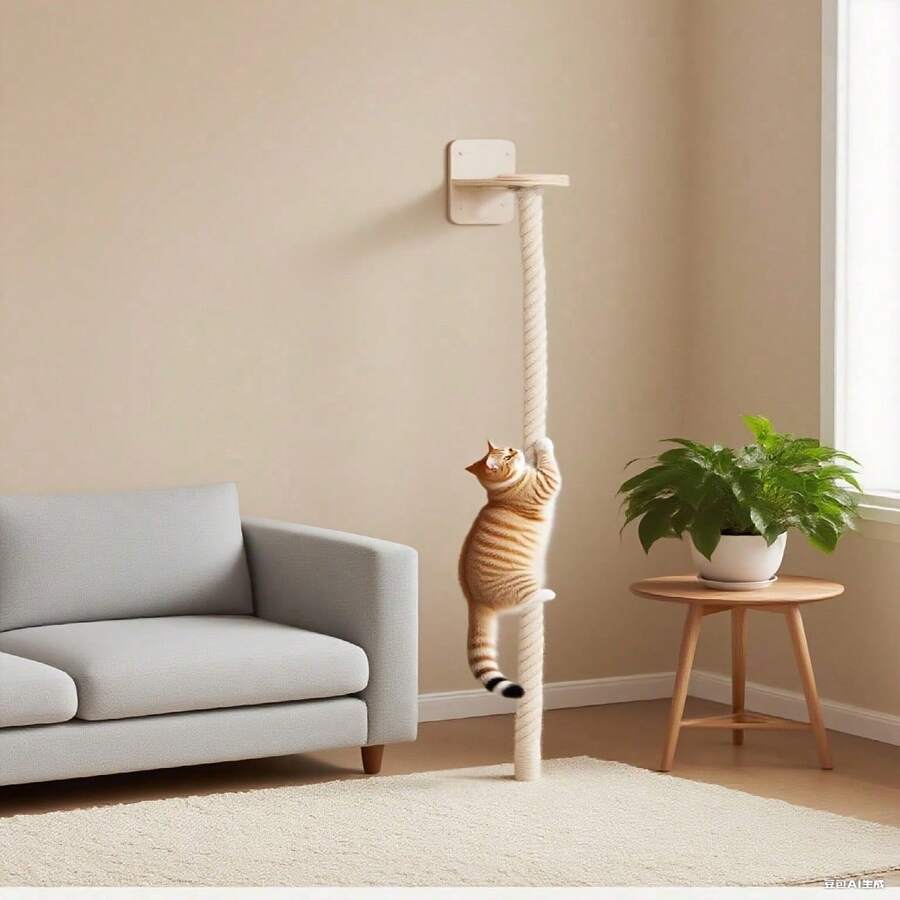 Multicolor wall-mounted solid wood and sisal rope cat climbing scratcher post.