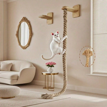 Multicolor wall-mounted solid wood and sisal rope cat climbing scratcher post.