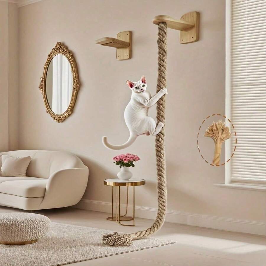 Multicolor wall-mounted solid wood and sisal rope cat climbing scratcher post.
