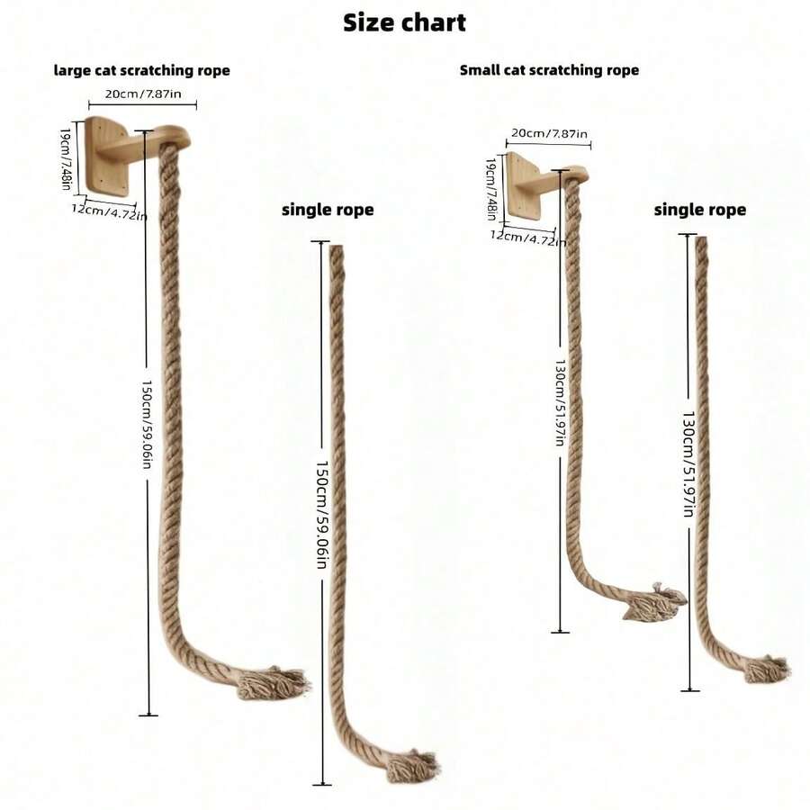 Multicolor wall-mounted solid wood and sisal rope cat climbing scratcher post.