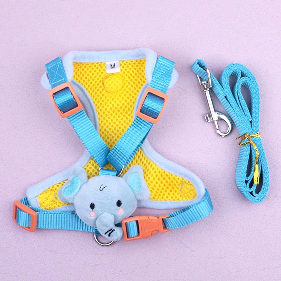 Adjustable nylon pet leash and vest-style harness set with cartoon duck design for cats and small dogs, suitable for outdoor walks or decorative use