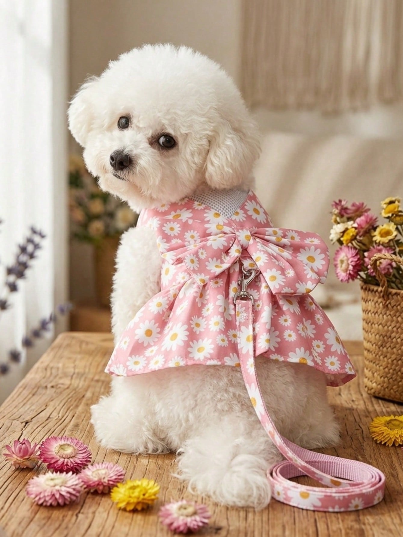 Multicolor daisy floral printed pet collar and leash set with bowknot detail for cats and dogs