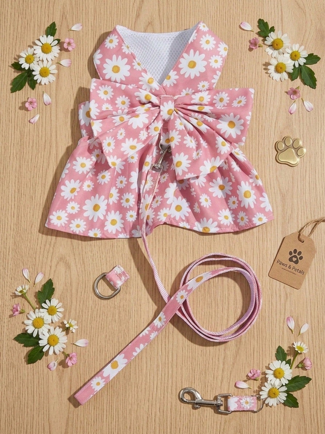 Multicolor daisy floral printed pet collar and leash set with bowknot detail for cats and dogs