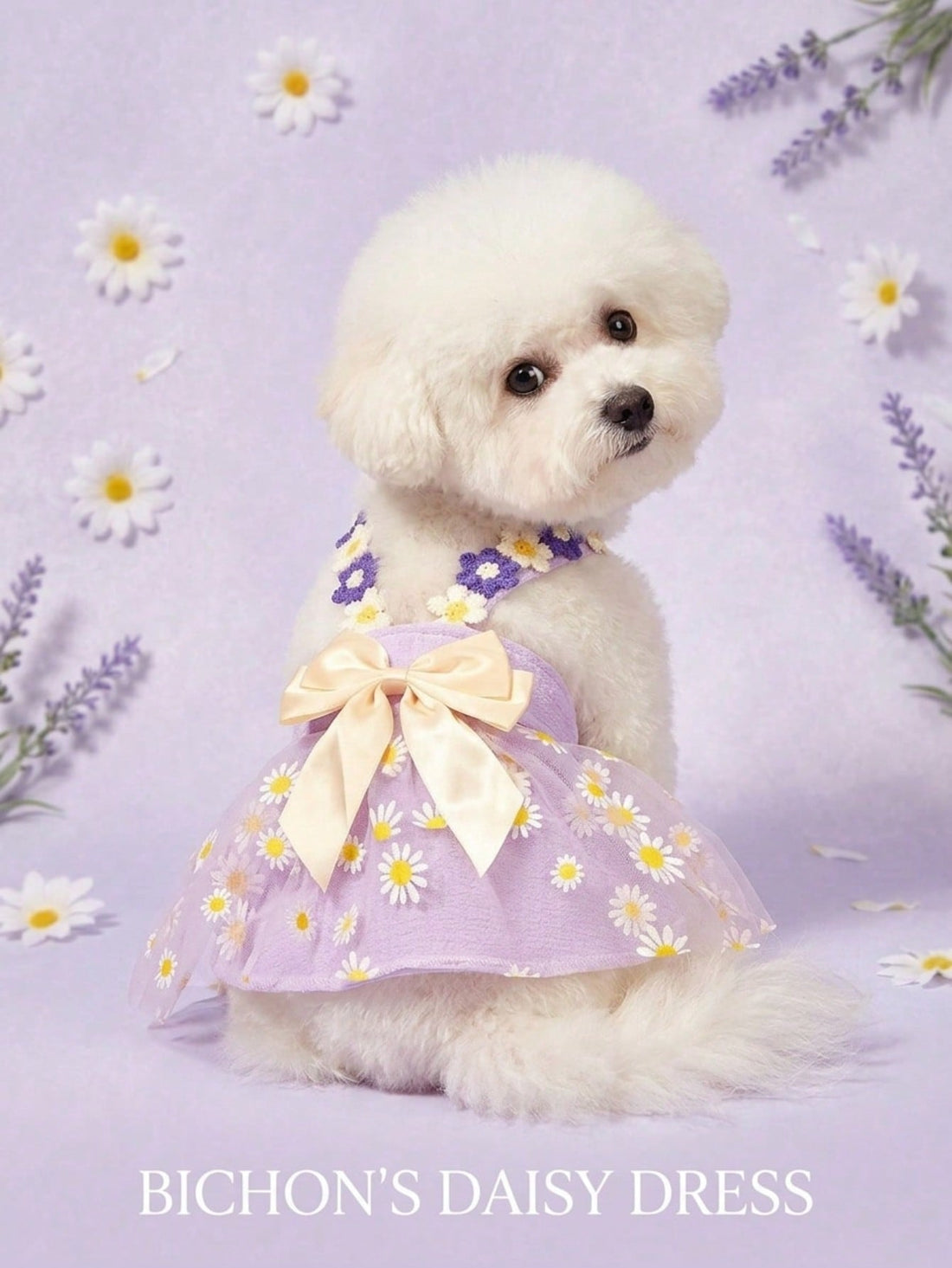 1pc Cute Small Daisy Lace Purple Tulle Bow Dress, Sweet Dog Apparel For Pet Universal