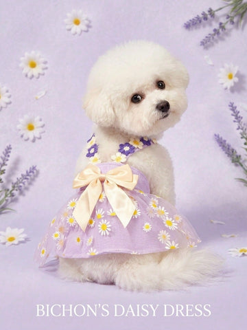 1pc Cute Small Daisy Lace Purple Tulle Bow Dress, Sweet Dog Apparel For Pet Universal