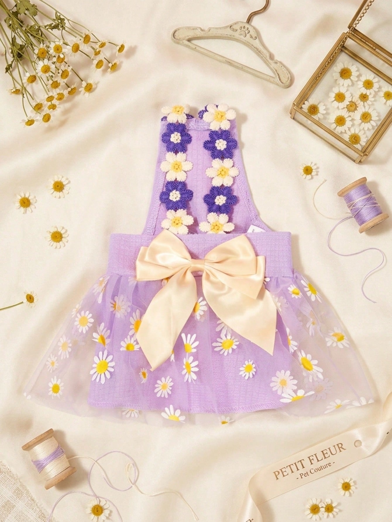 1pc Cute Small Daisy Lace Purple Tulle Bow Dress, Sweet Dog Apparel For Pet Universal
