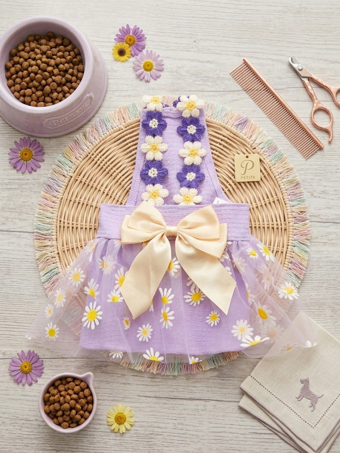 1pc Cute Small Daisy Lace Purple Tulle Bow Dress, Sweet Dog Apparel For Pet Universal