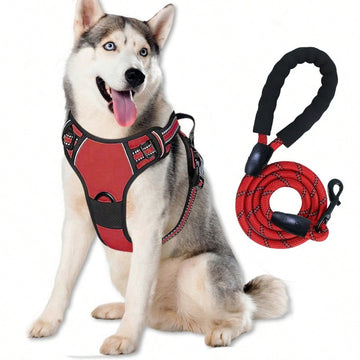 Red reflective breathable vest-style dog and cat harness set with 1.5-meter leash and Christmas pattern
