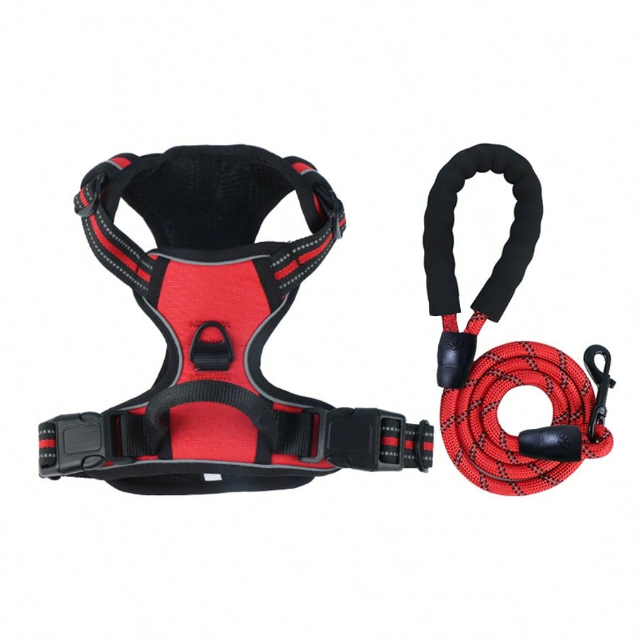 Red reflective breathable vest-style dog and cat harness set with 1.5-meter leash and Christmas pattern