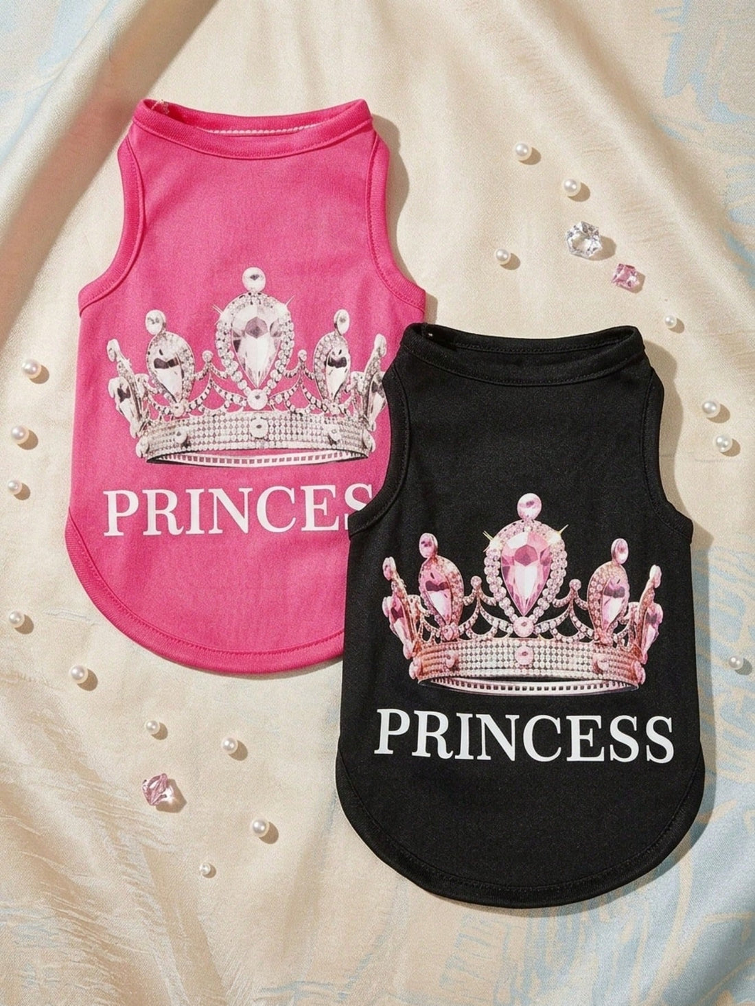2pcs Princess Style Diamond Crown & English Text Print Breathable Cool Dog/Cat Vest/Top, Suitable For Pets