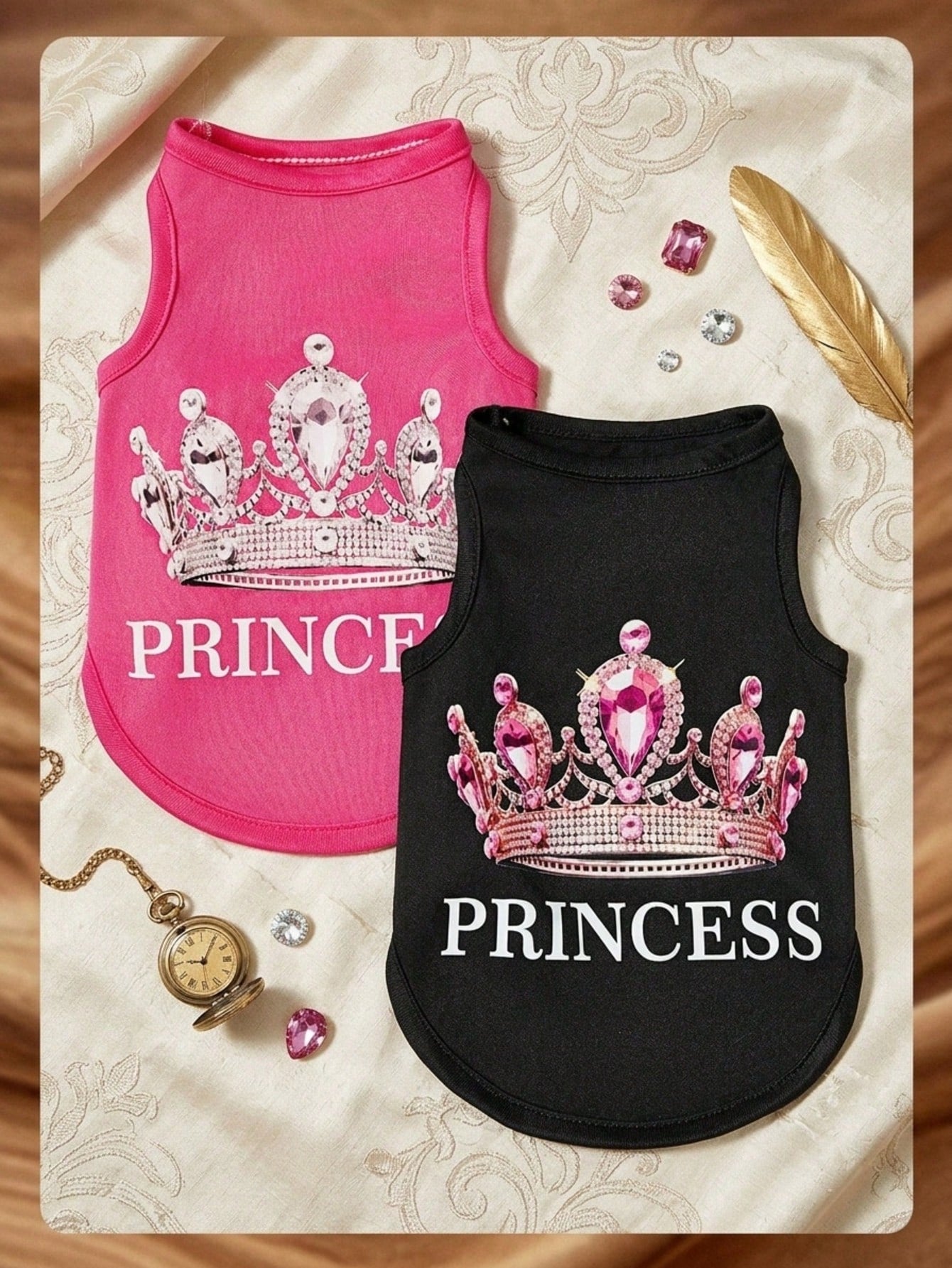 2pcs Princess Style Diamond Crown & English Text Print Breathable Cool Dog/Cat Vest/Top, Suitable For Pets