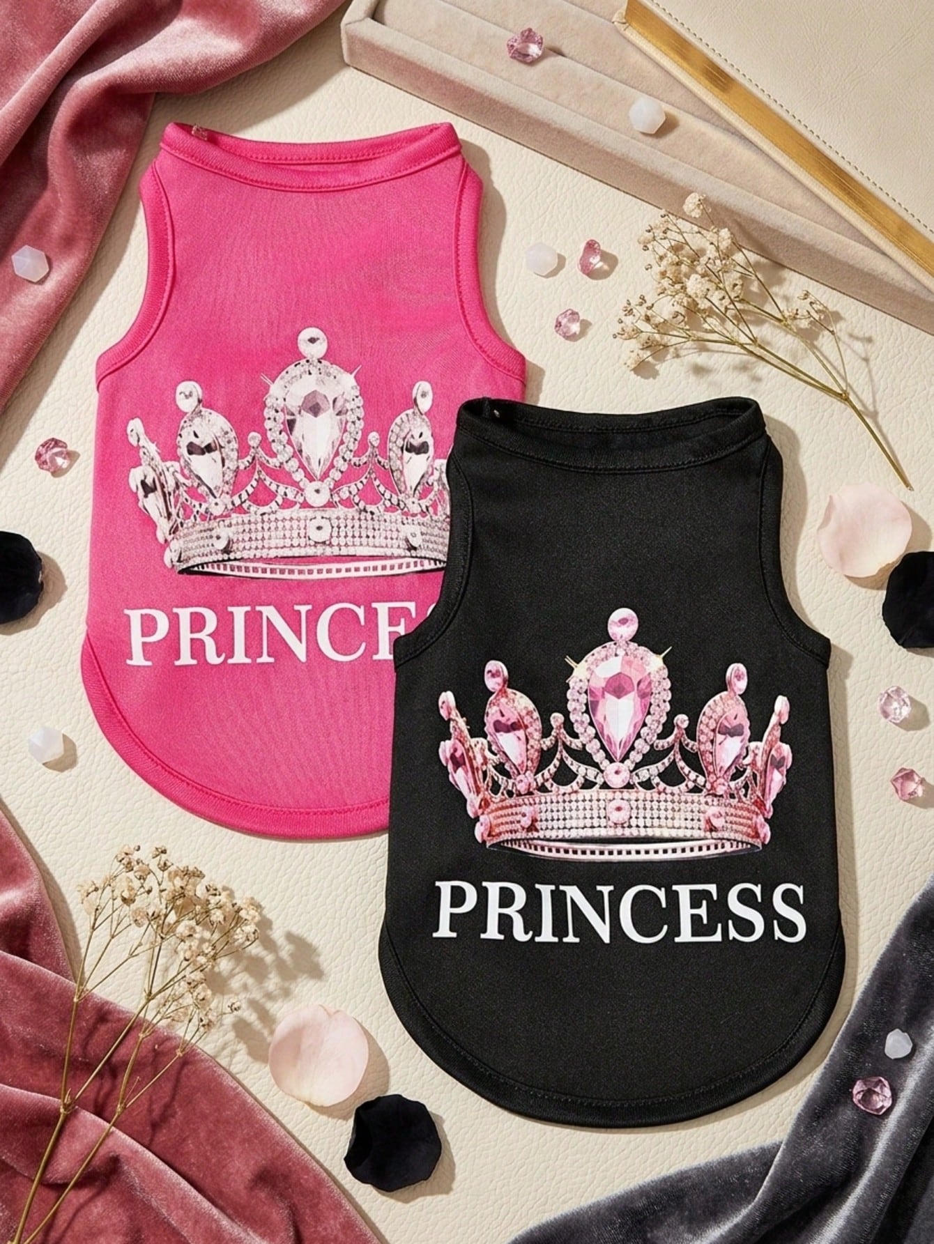 2pcs Princess Style Diamond Crown & English Text Print Breathable Cool Dog/Cat Vest/Top, Suitable For Pets
