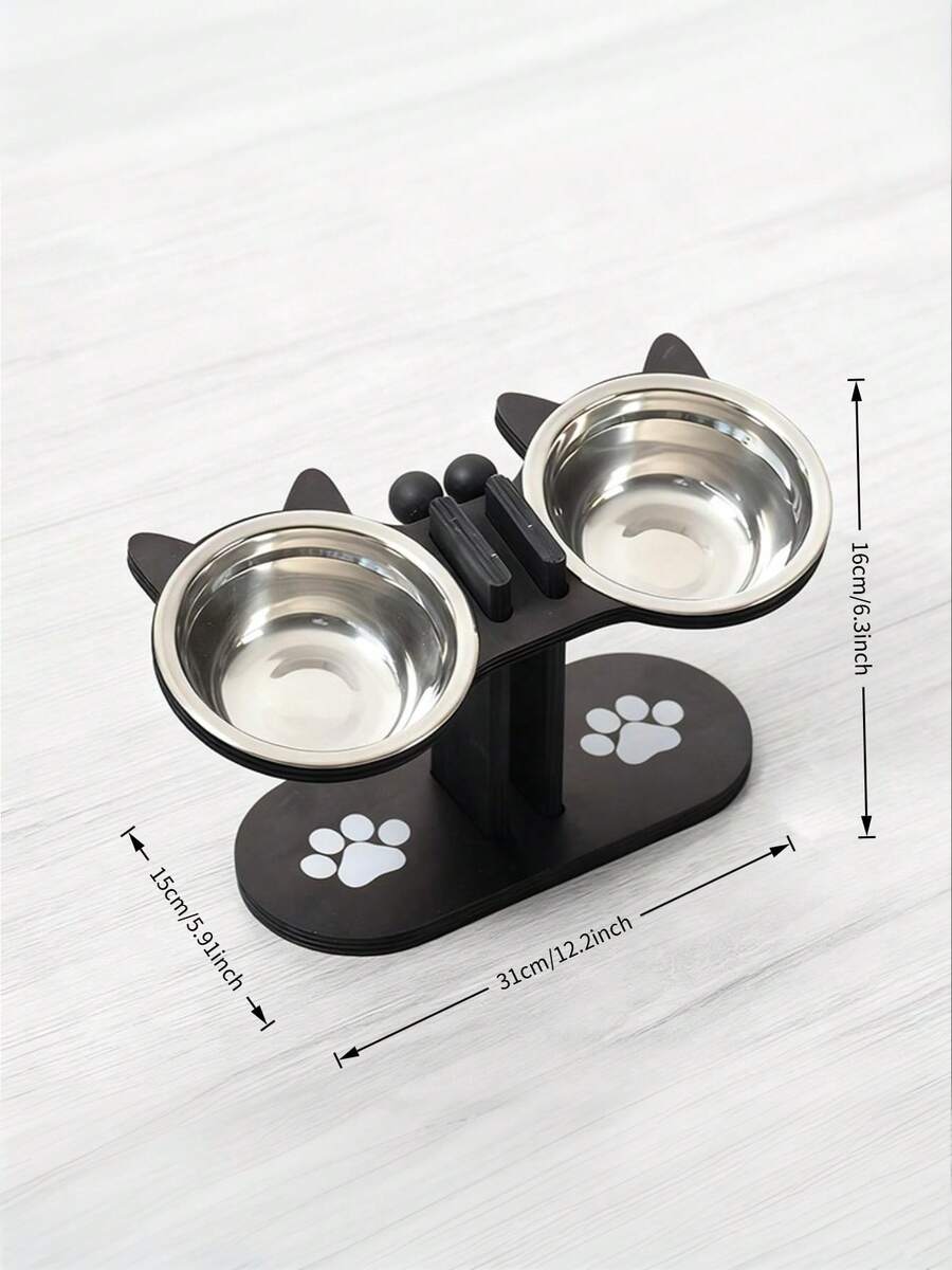 Elevated cat bowl stand with cute cat ears holding two stainless steel food and water bowls for cats and small dogs.