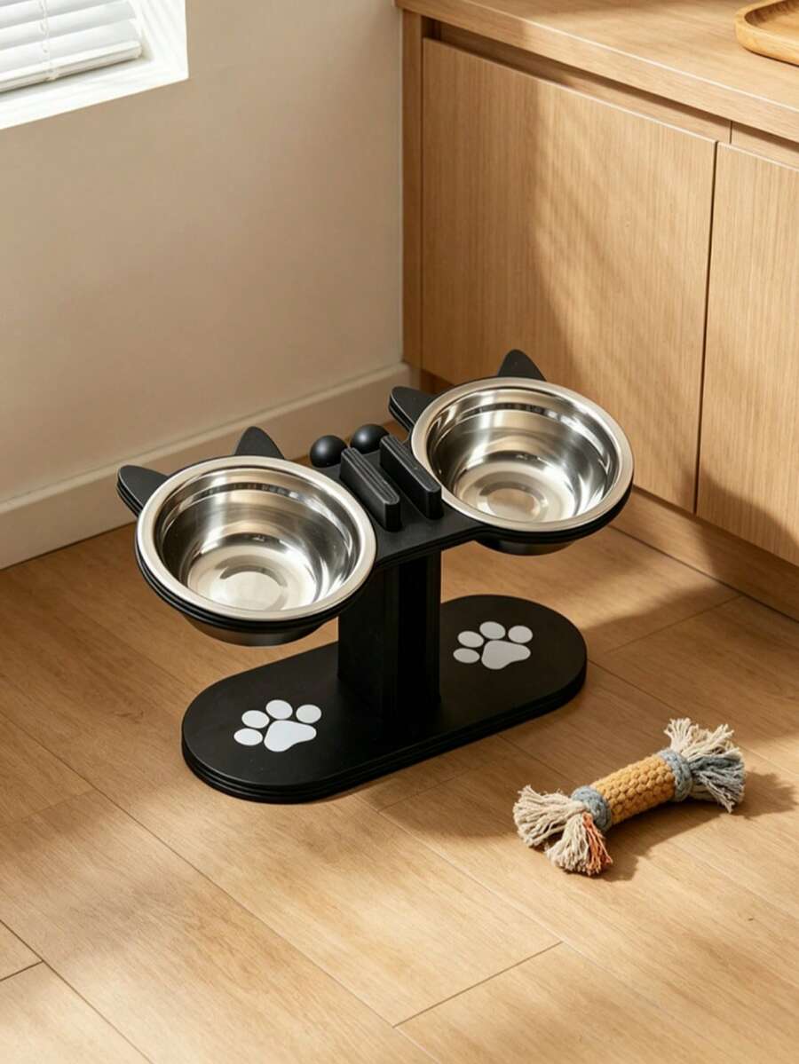Elevated cat bowl stand with cute cat ears holding two stainless steel food and water bowls for cats and small dogs.