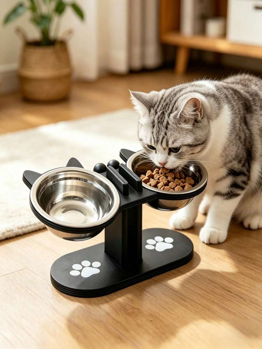 Elevated cat bowl stand with cute cat ears holding two stainless steel food and water bowls for cats and small dogs.