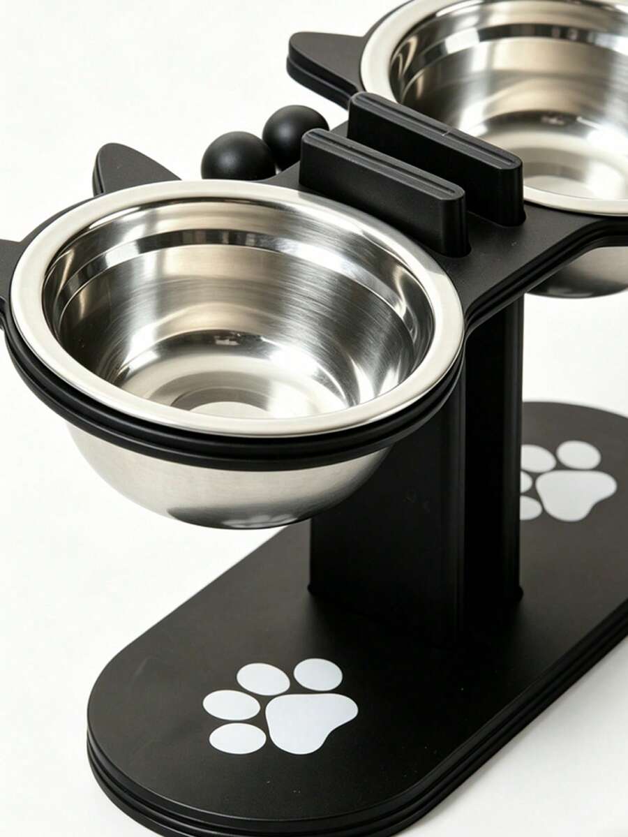 Elevated cat bowl stand with cute cat ears holding two stainless steel food and water bowls for cats and small dogs.