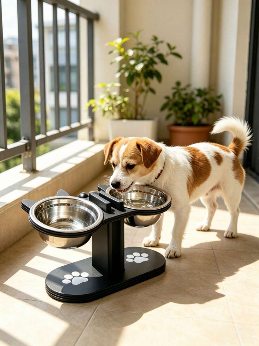 Elevated cat bowl stand with cute cat ears holding two stainless steel food and water bowls for cats and small dogs.