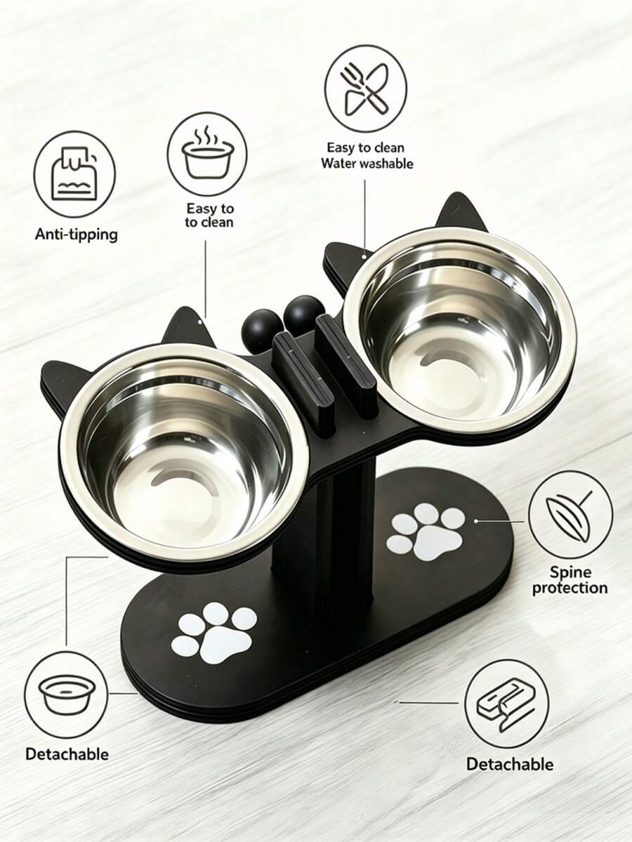Elevated cat bowl stand with cute cat ears holding two stainless steel food and water bowls for cats and small dogs.