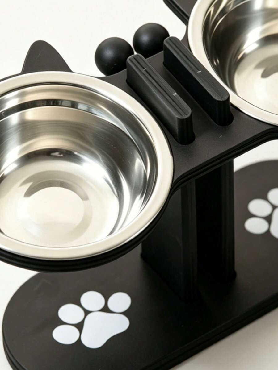 Elevated cat bowl stand with cute cat ears holding two stainless steel food and water bowls for cats and small dogs.