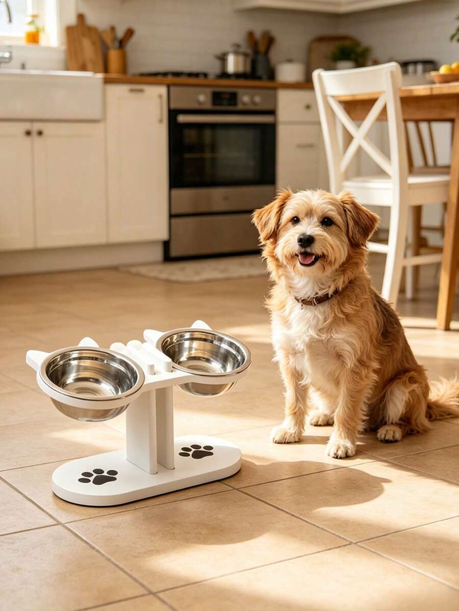 Elevated cat bowl stand with cute cat ears holding two stainless steel food and water bowls for cats and small dogs.