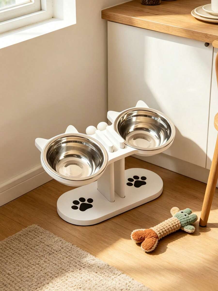 Elevated cat bowl stand with cute cat ears holding two stainless steel food and water bowls for cats and small dogs.