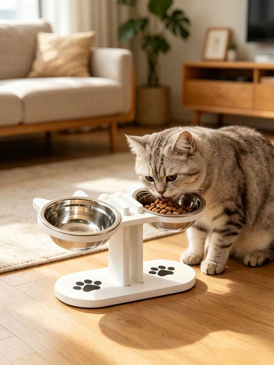 Elevated cat bowl stand with cute cat ears holding two stainless steel food and water bowls for cats and small dogs.