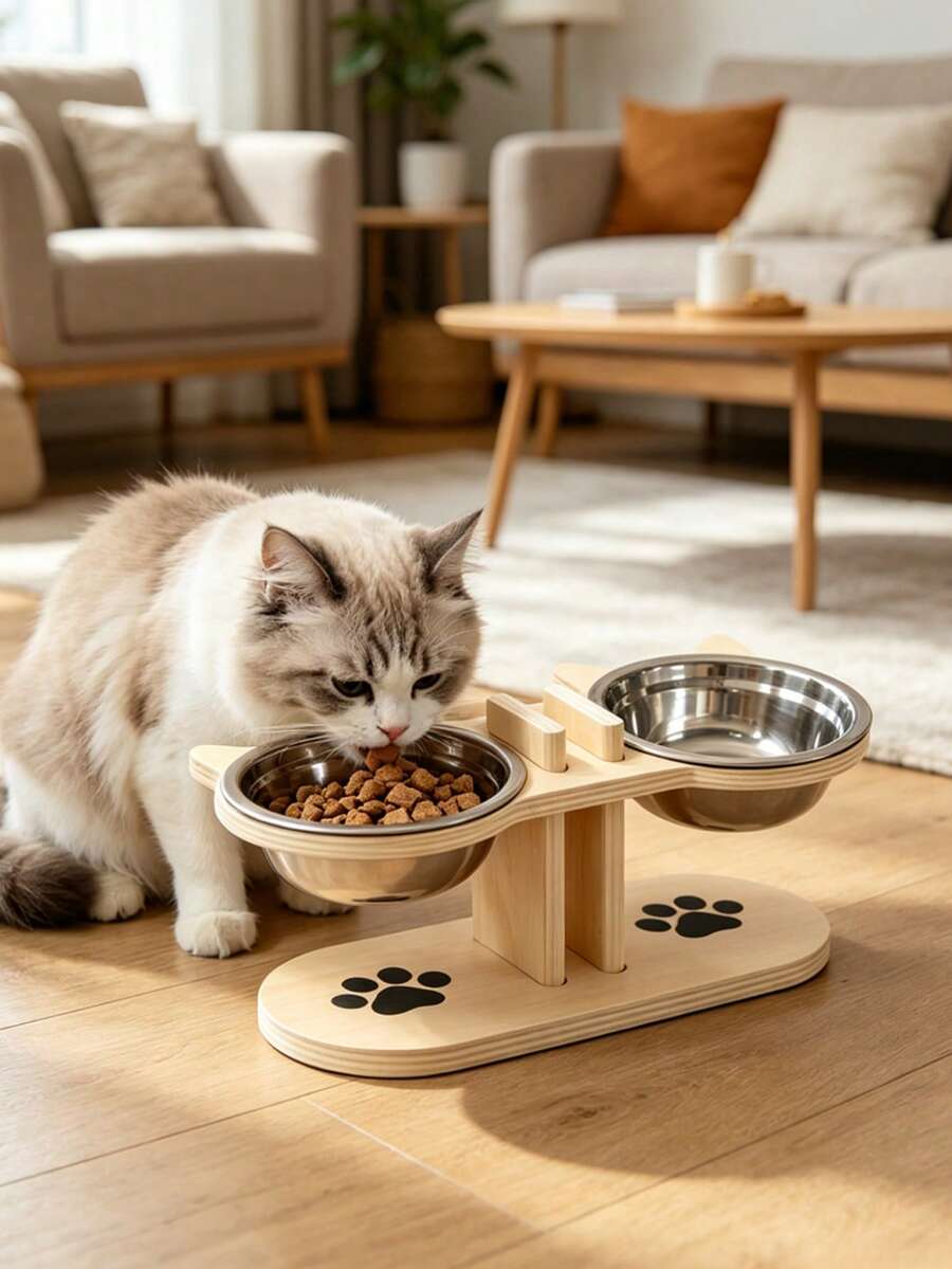 Elevated cat bowl stand with cute cat ears holding two stainless steel food and water bowls for cats and small dogs.