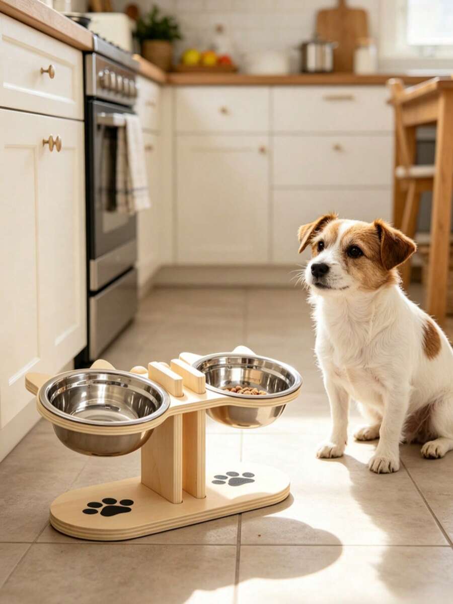 Elevated cat bowl stand with cute cat ears holding two stainless steel food and water bowls for cats and small dogs.