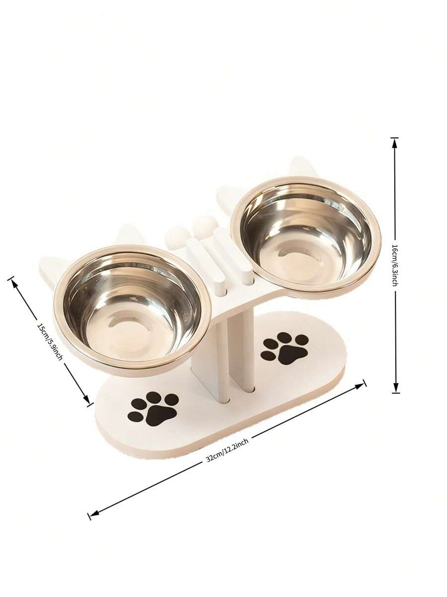Elevated cat bowl stand with cute cat ears holding two stainless steel food and water bowls for cats and small dogs.