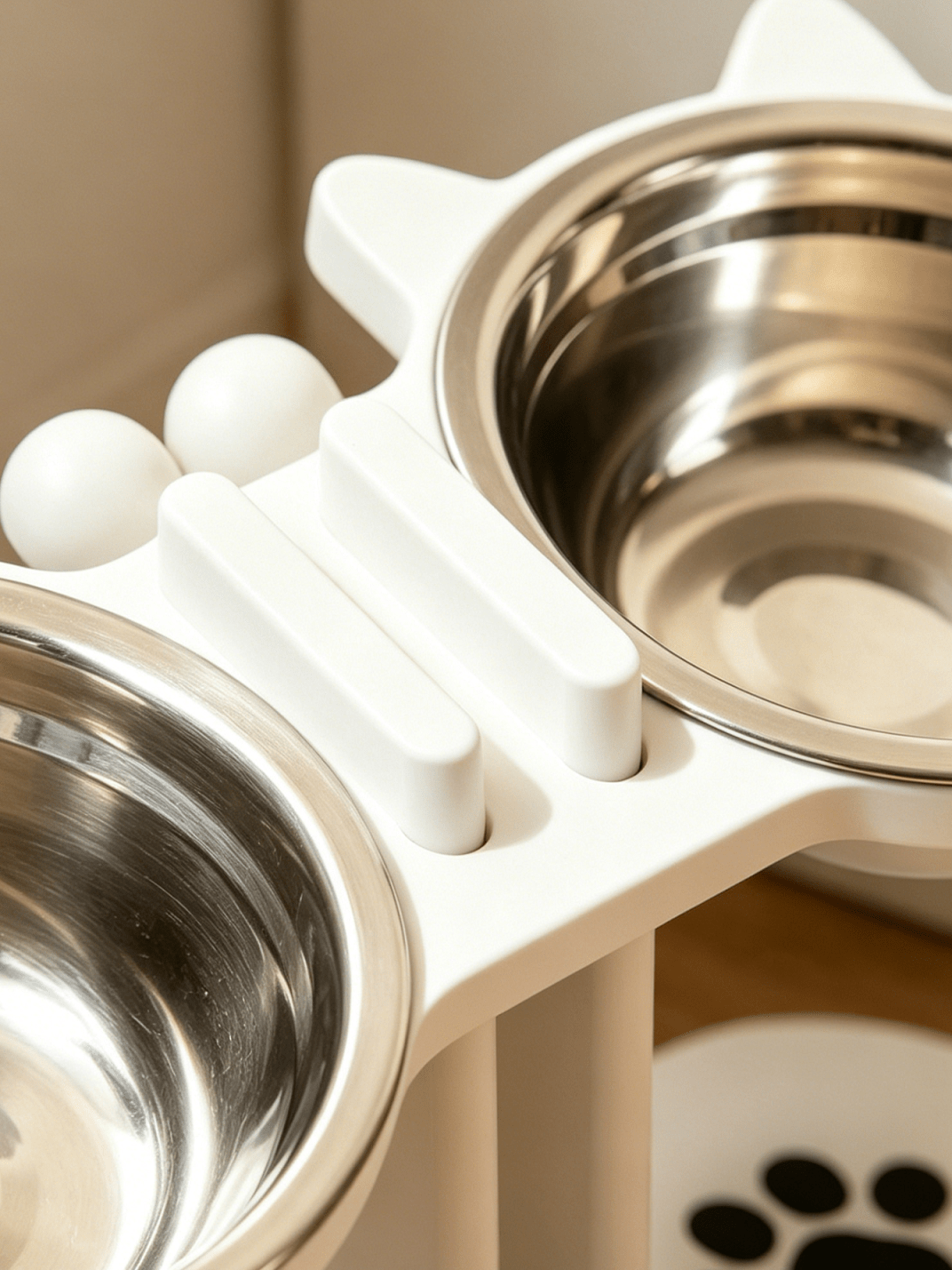 Elevated cat bowl stand with cute cat ears holding two stainless steel food and water bowls for cats and small dogs.